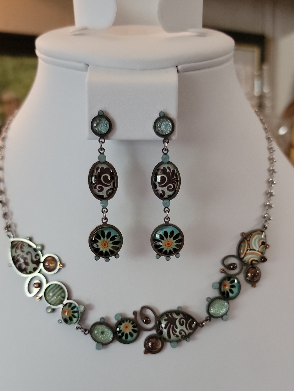 Yoolies Artisan Mint Green Filigree Drop Necklace & Earrings Set